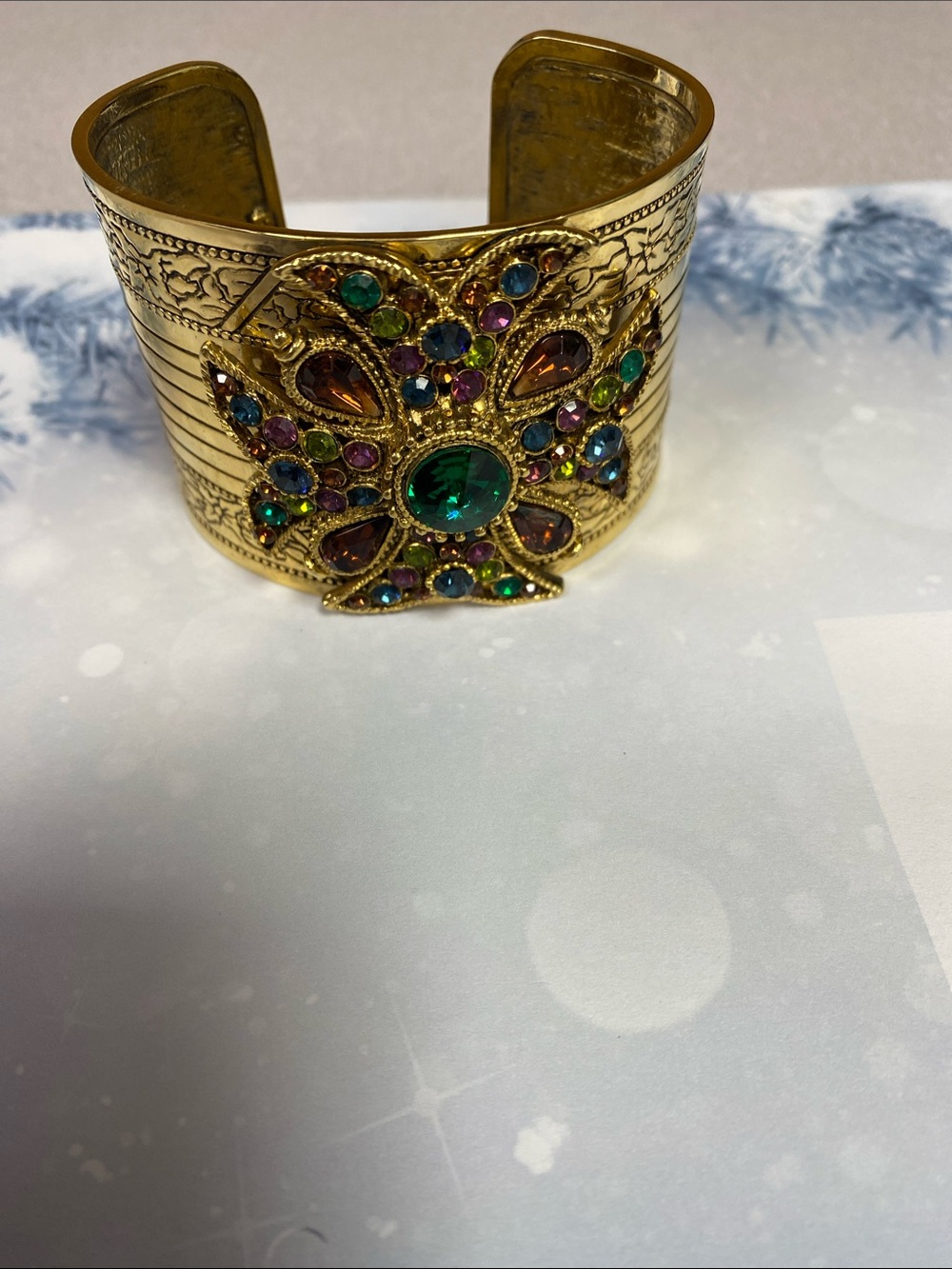 Golden Maltese Gemstone Cross Cuff Bracelet made in China (80’s)